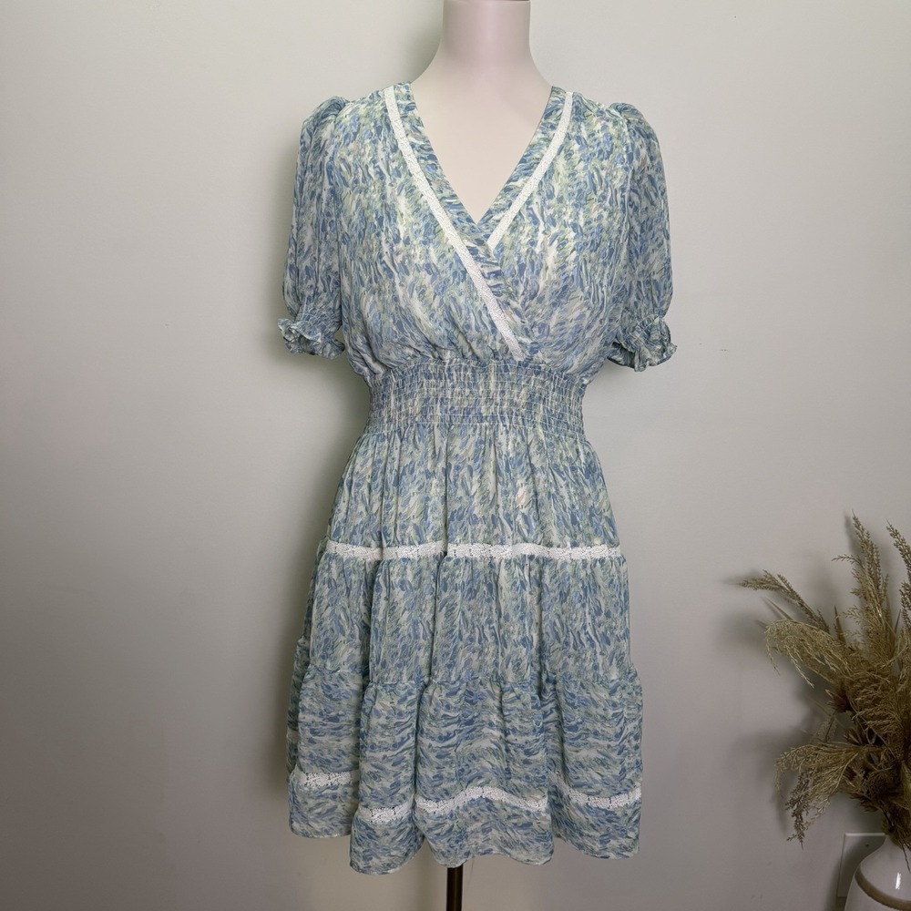 Taylor Dress Womens 8 Blue Green Chiffon Faux Wrap Smocked Cottagecore Tiered